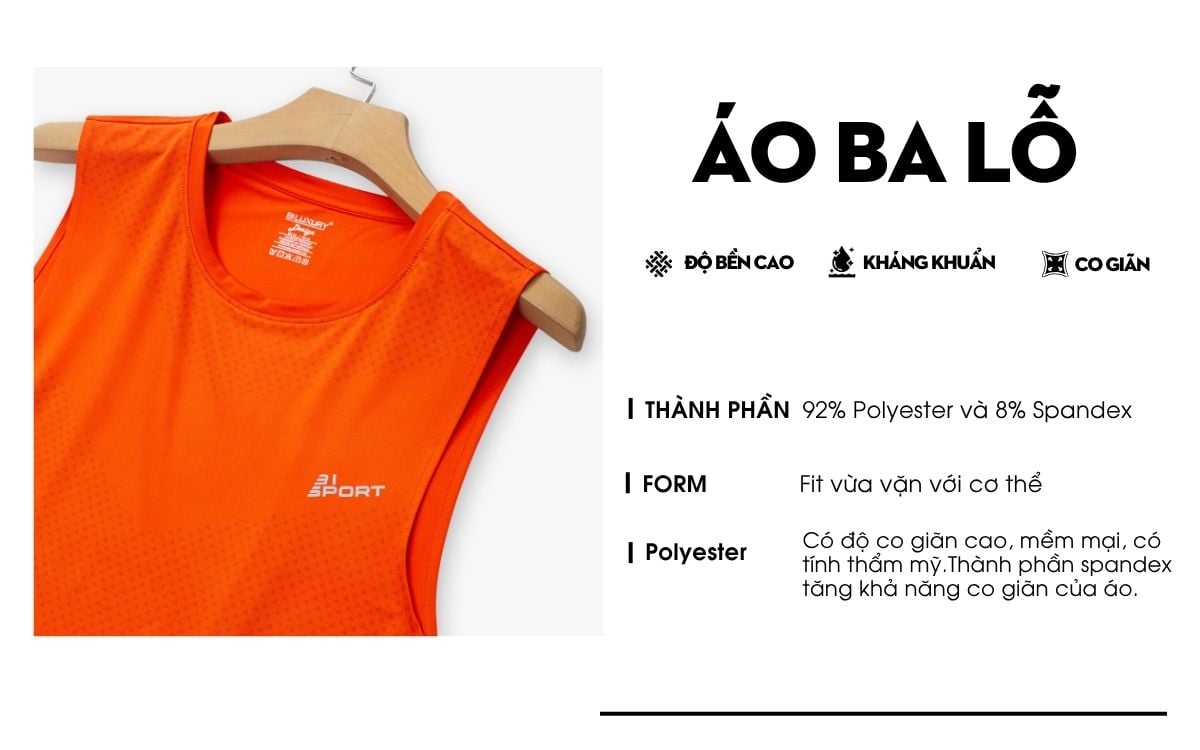 Áo Ba Lỗ Màu Cam Thể Thao, Thoáng Khí, Nhanh Khô 9ABLB504CAM
