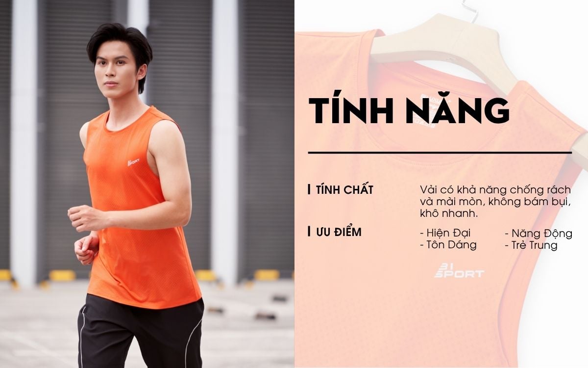 Áo Ba Lỗ Màu Cam Thể Thao, Thoáng Khí, Nhanh Khô 9ABLB504CAM