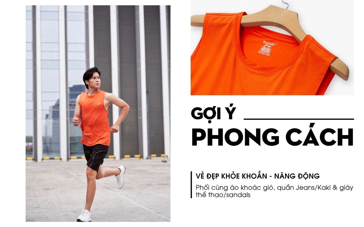 Áo Ba Lỗ Màu Cam Thể Thao, Thoáng Khí, Nhanh Khô 9ABLB504CAM