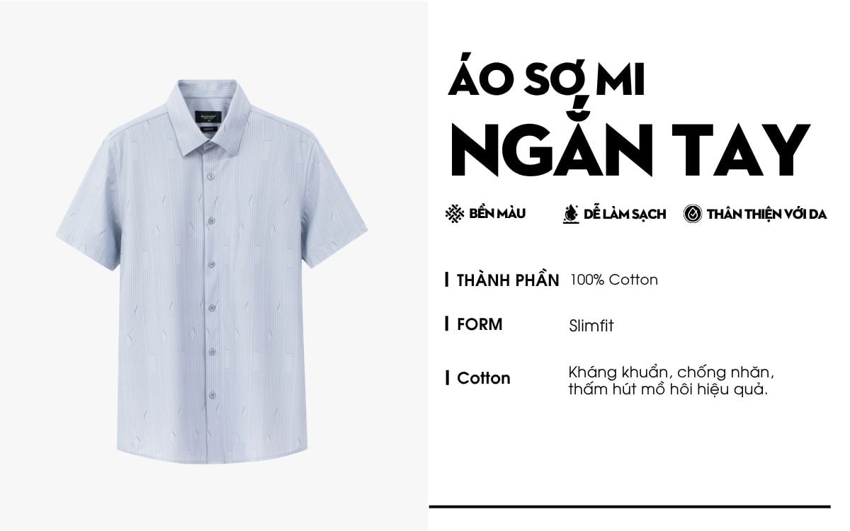 Áo Sơ Mi Cộc Tay Ghi Xám Hoạ Tiết, Cao Cấp, Chống Nhăn 9SMCH521GHX