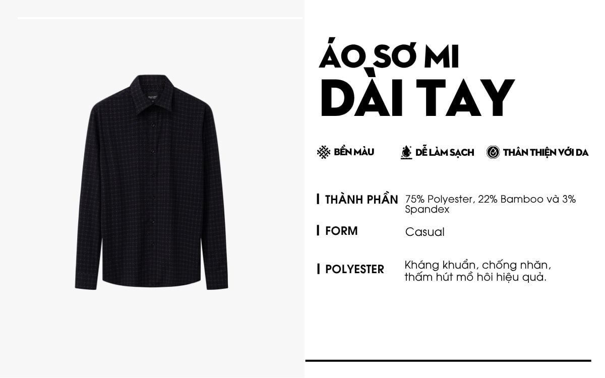 Áo Sơ Mi Đen Hoạ Tiết, Cao Cấp, Chống Nhăn, Kháng Khuẩn 9SMDH555DEN