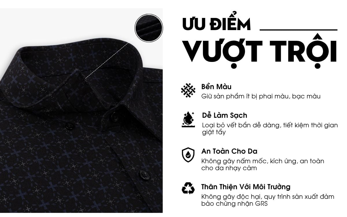 Áo Sơ Mi Đen Hoạ Tiết, Cao Cấp, Chống Nhăn, Kháng Khuẩn 9SMDH555DEN