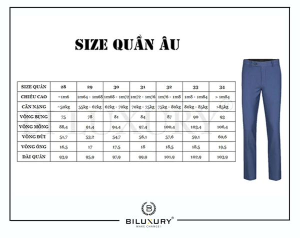Bảng quy đổi của Biluxury để chọn size sao cho phù hợp với cơ thể