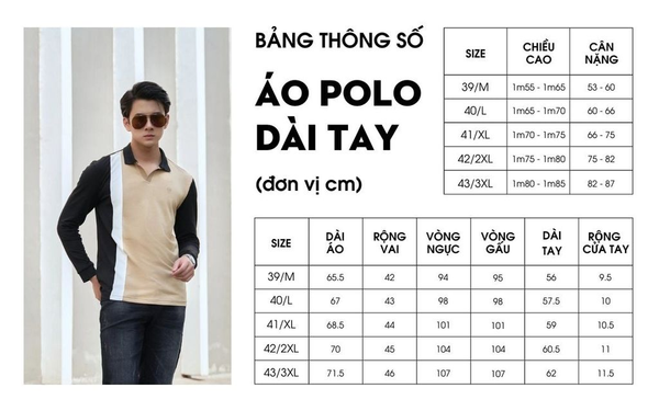 Bảng size áo polo tay dài của Biluxury