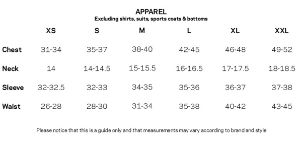 Bảng size áo sơ mi của hãng thời trang Ralph Lauren