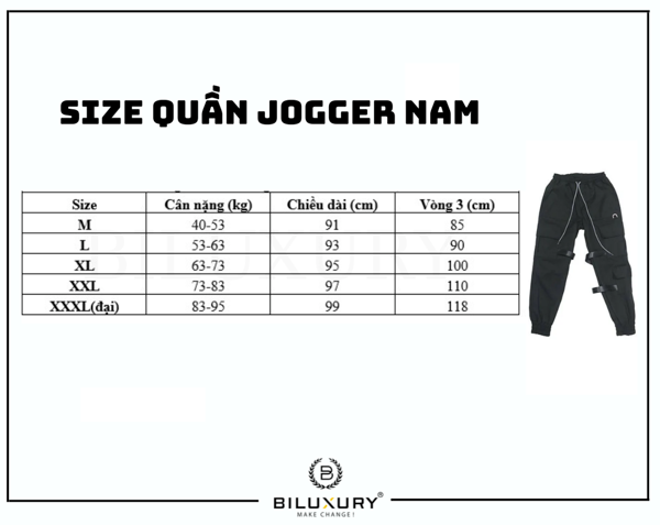Bảng size quần nam dành cho jogger