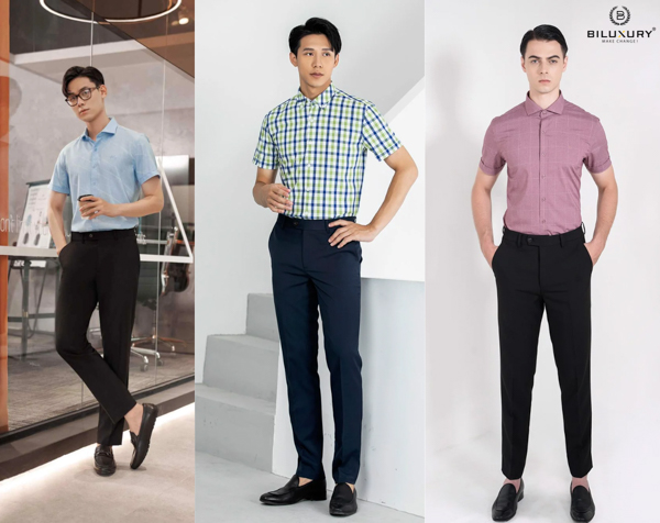 Outfit phối áo sơ mi họa tiết với quần tây