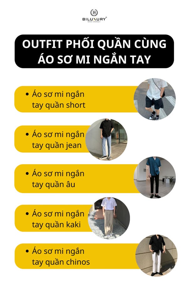 Outfit phối quần cùng áo sơ mi ngắn tay