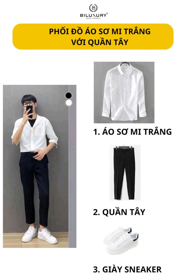 Outfit áo sơ mi trắng quần tây