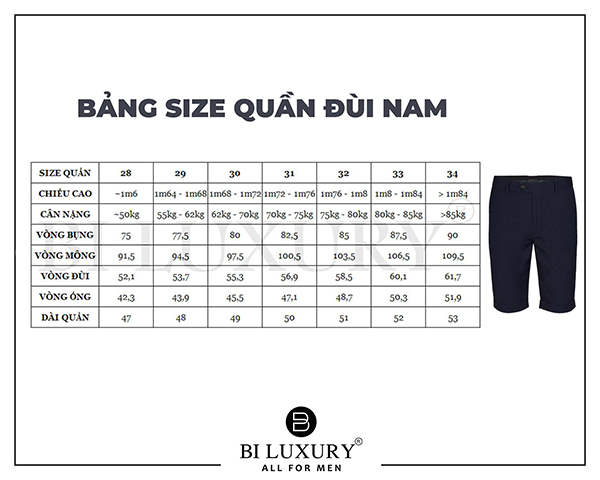 Bảng quy đổi size quần nam dành cho quần short kaki, jeans