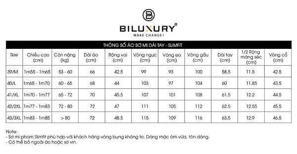 chọn size áo sơ mi tại Biluxury