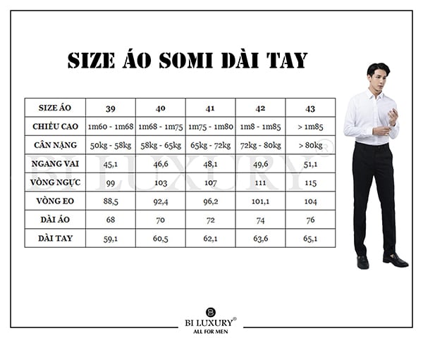 Bảng size áo sơ mi nam dài tay của Biluxury