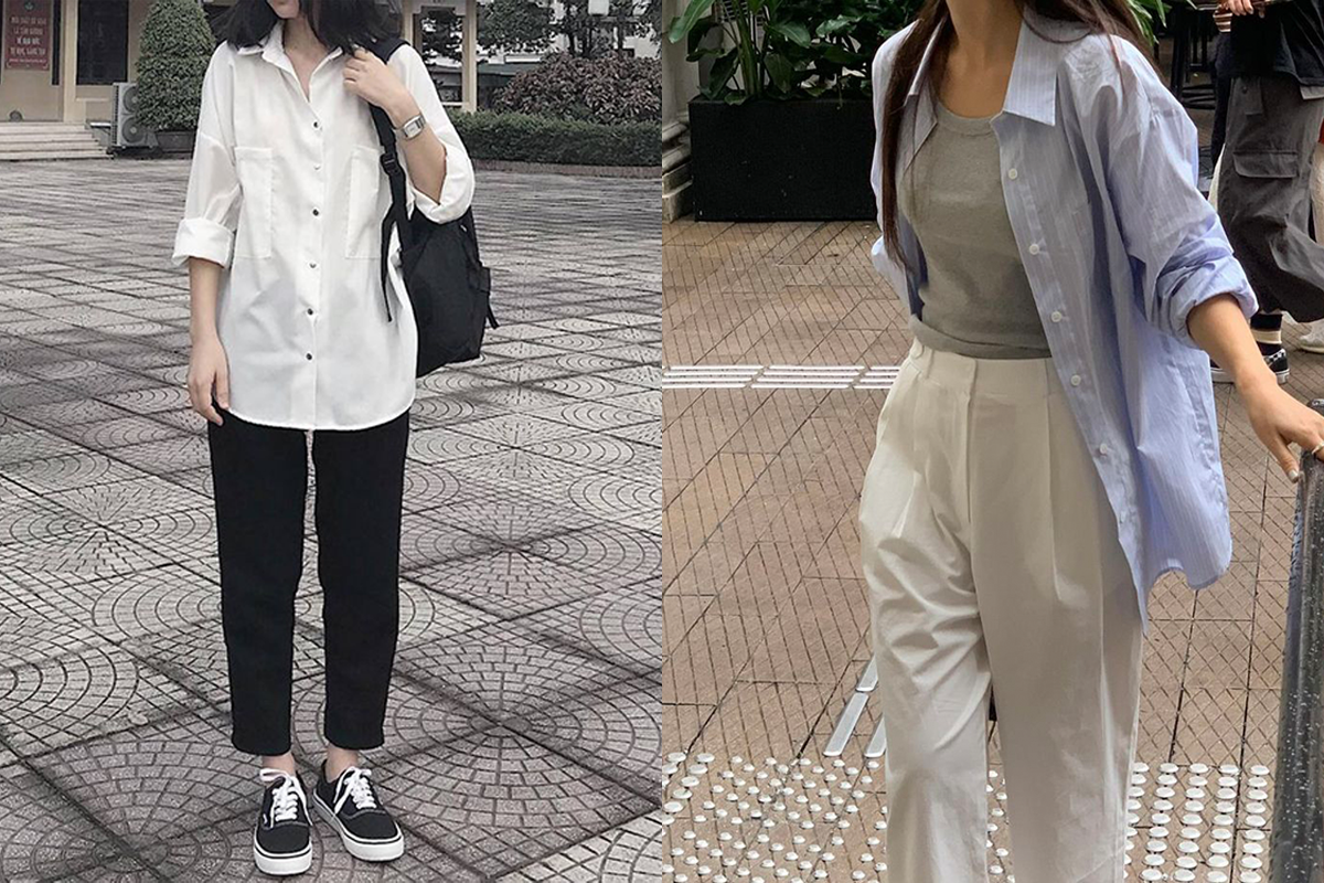 Quần tây phối với áo sơ mi oversize