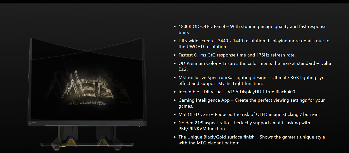 MSI 34 175 Hz QD-OLED UWQHD QD-OLED Gaming Monitor FreeSync Premium Pro  (AMD Adaptive Sync) 3440 x 1440 (2K) 97.8% Adobe RGB / 99.3% DCI-P3 /  139.1% sRGB MEG 342C QD-OLED 
