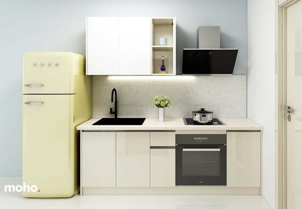 Mẫu 6: Tủ bếp gỗ công nghiệp phối mặt đá trắng