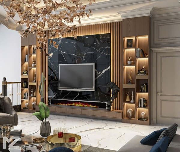 Sự kết hợp tinh tế giữa gỗ và đá trong thiết kế vách kệ tivi