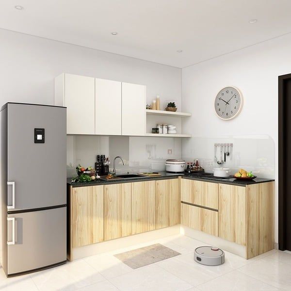 Mẫu 20: Tủ bếp Mid-century với gỗ nâu nhạt và tay nắm tàng hình