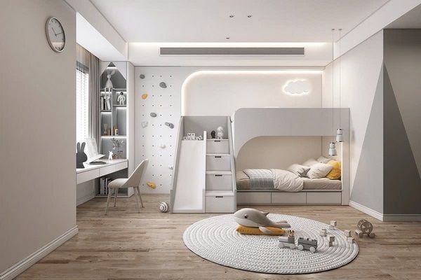 Giường tầng có cầu trượt và hộc tủ đựng đồ cho bé gái
