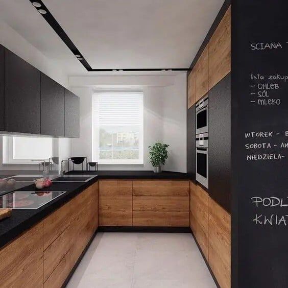 Bếp chữ U tông màu đen kết hợp màu gỗ