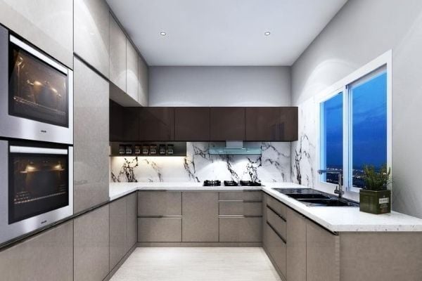 Tủ bếp Acrylic bóng gương kết hợp thiết bị bếp âm tủ