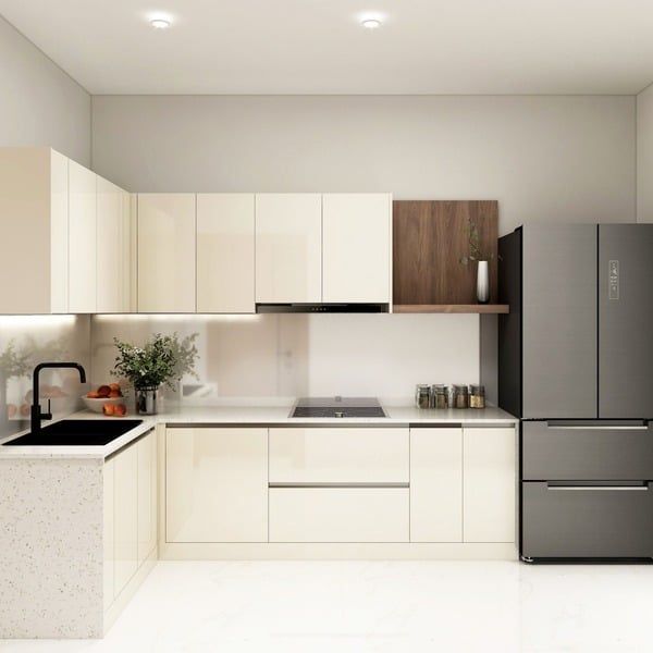 Mẫu 3: Tủ bếp gỗ Acrylic bóng gương màu pastel hiện đại