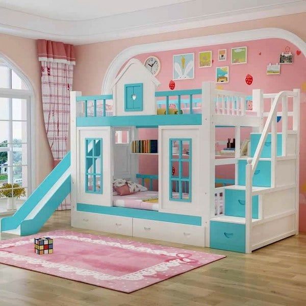 Mẫu giường tầng màu xanh năng động cho bé trai