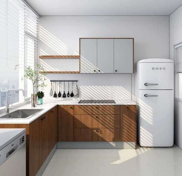 Tủ bếp thiết kế mở với không gian phòng khách