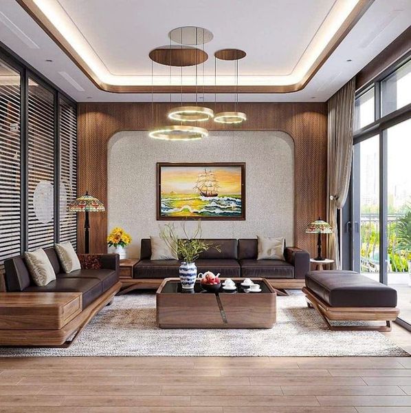 Sofa gỗ óc chó chữ L cao cấp cho phòng khách rộng
