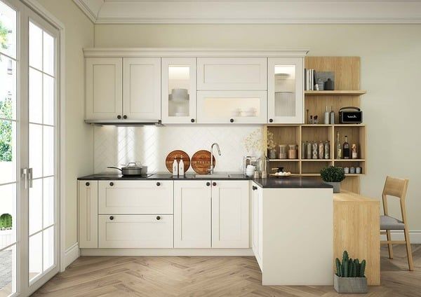 Tủ bếp chung cư màu pastel trẻ trung, hiện đại