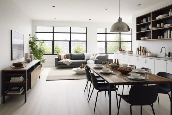 Không gian nội thất mở có bếp và phòng khách