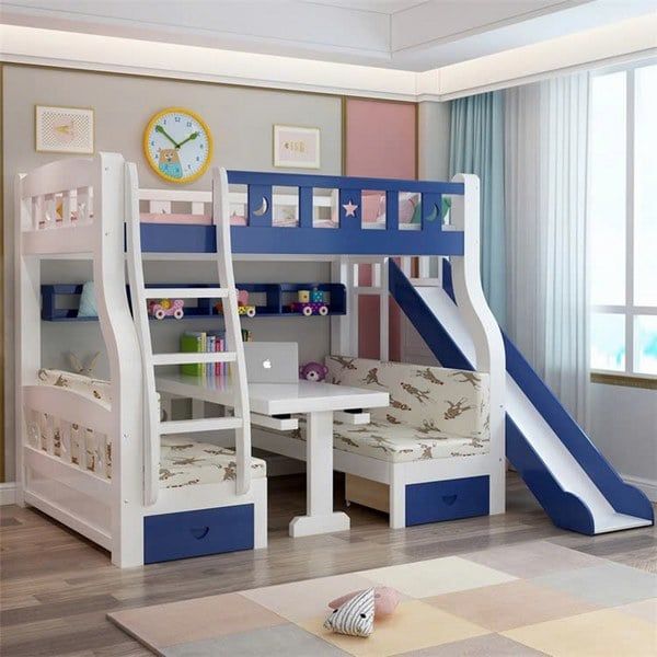 Giường tầng có cầu trượt màu xanh dương