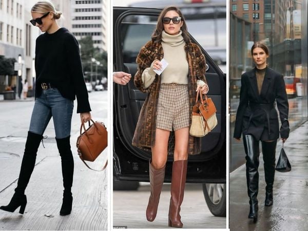 Giày boot nữ cổ cao qua gối với áo French coat