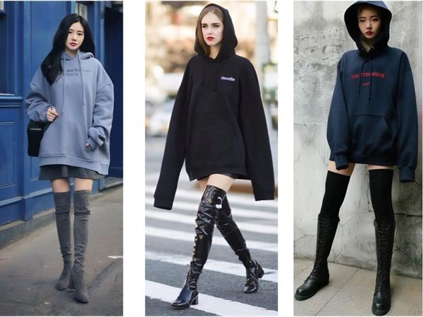 Giày boot nữ cổ cao với áo hoodie trẻ trung