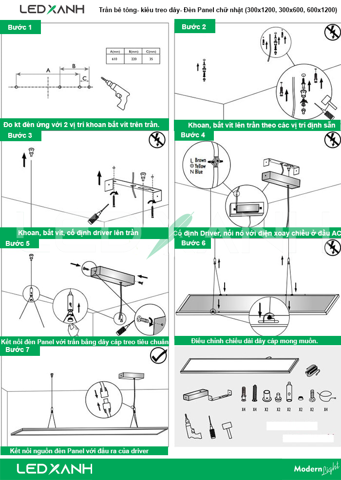 Cách lắp đèn Led Panel chữ nhật (300x1200, 300x600, 600x1200) trần bê tông kiểu treo dây