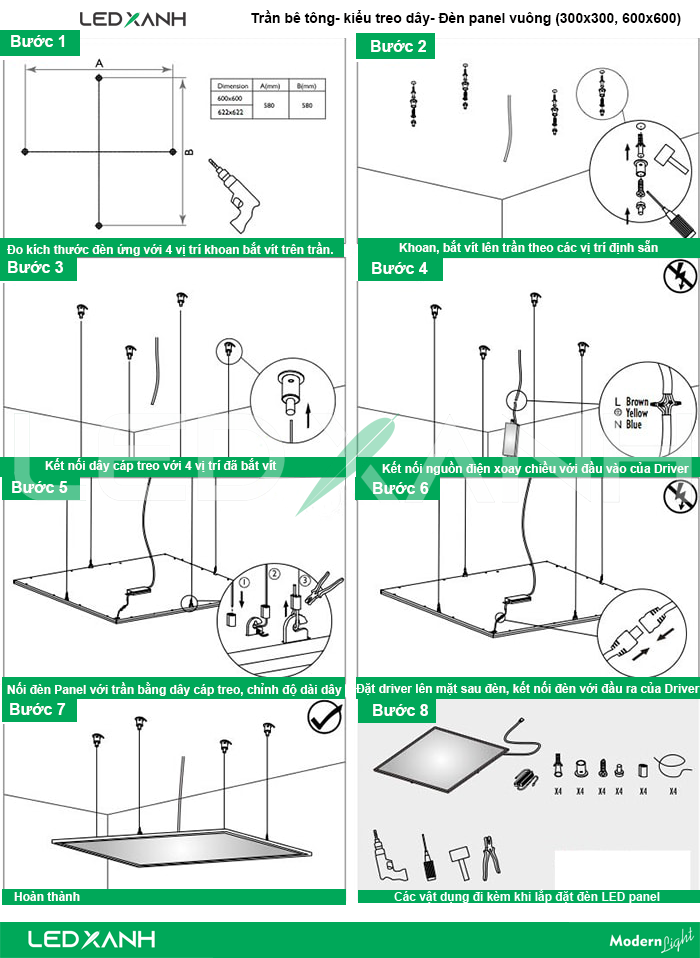 Cách lắp đèn Led Panel ốp trần vuông trần bê tông kiểu treo dây