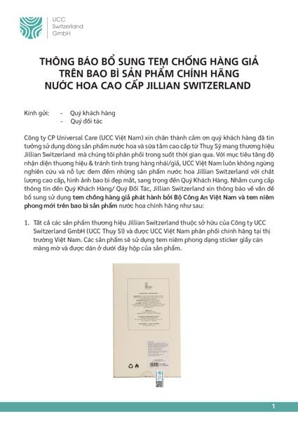 THÔNG BÁO BỔ SUNG TEM CHỐNG HÀNG GIẢ TRÊN BAO BÌ SẢN PHẨM CHÍNH HÃNG NƯỚC HOA CAO CẤP JILLIAN SWITZERLAND