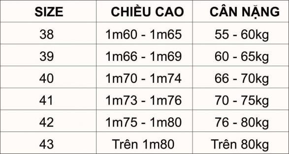 Bảng size áo sơ mi nam theo số