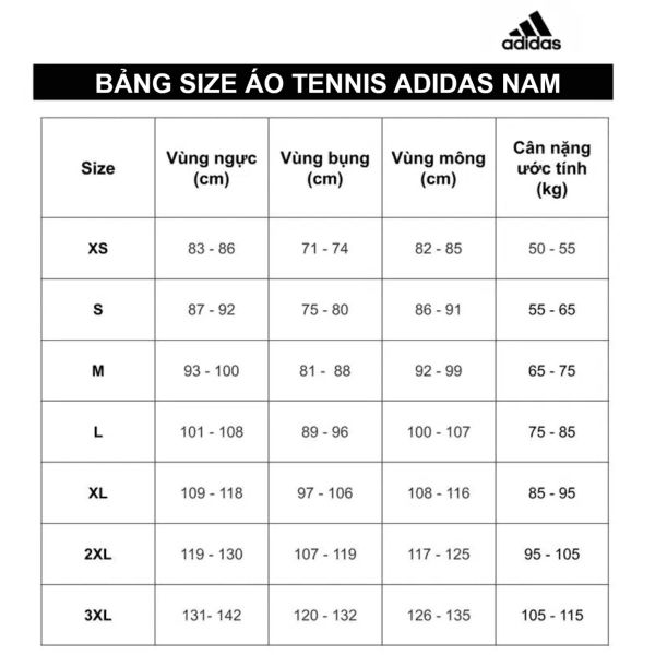 Bảng size áo tennis nam adidas