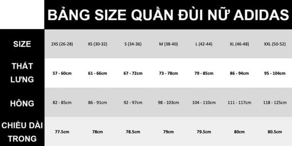 Bảng size quần đùi nữ adidas