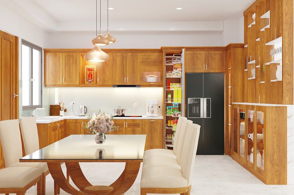 Tủ bếp gỗ gõ đỏ với phong cách hiện đại