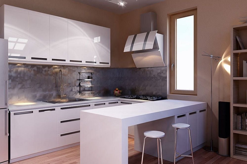 Tủ bếp nhựa acrylic màu trắng với thiết kế tối giản