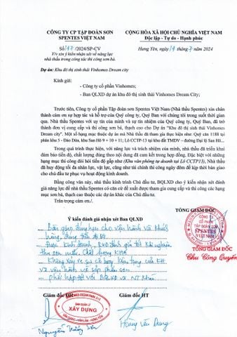 Công Văn Đánh Giá Năng Lực Của Nhà Thấu Và Chất Lượng Sơn Spennano Của Ban Quản Lý Dự Án VinGroup