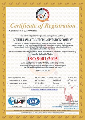 Southern Asia Commercial Joint Stock Company is presented Certificate of Registration ISO 9001:2015
