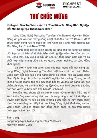 THƯ CHÚC MỪNG BTC CUỘC THI TÌM KIẾM TÀI NĂNG KHỞI NGHIỆP ĐỔI MỚI SÁNG TẠO THÀNH NAM NĂM 2024