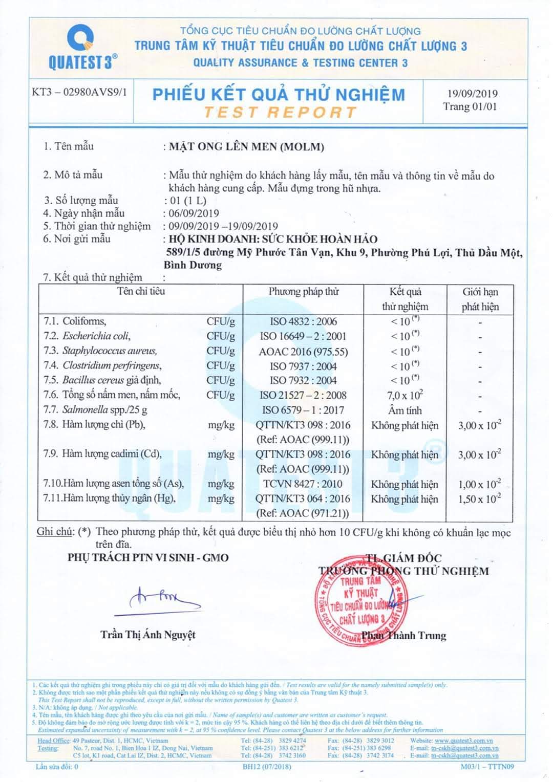 Xác nhận từ Tổng cục đo lường và chất lượng QUATEST3