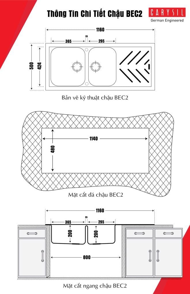 Kích Thước Bồn Rửa Bát Đôi 2 Ngăn - Chậu rửa chén Carysil Bồn Rửa Chén Bằng Đá Granite Nhập Khẩu Cao Cấp - Carysil Việt Nam