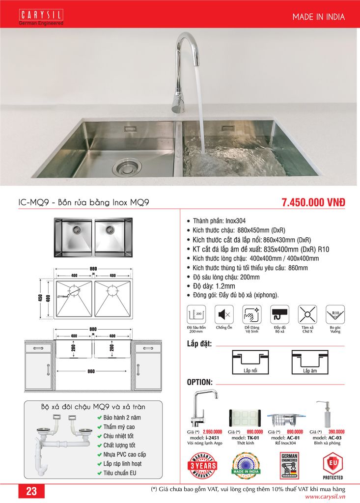 chậu rửa chén inox304 Carysil IC-MQ9