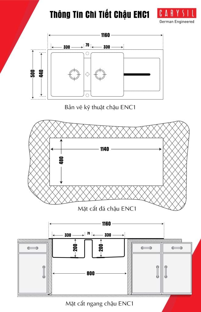 Chậu rửa chén đá granite 2 hố có cánh Carysil ENC1