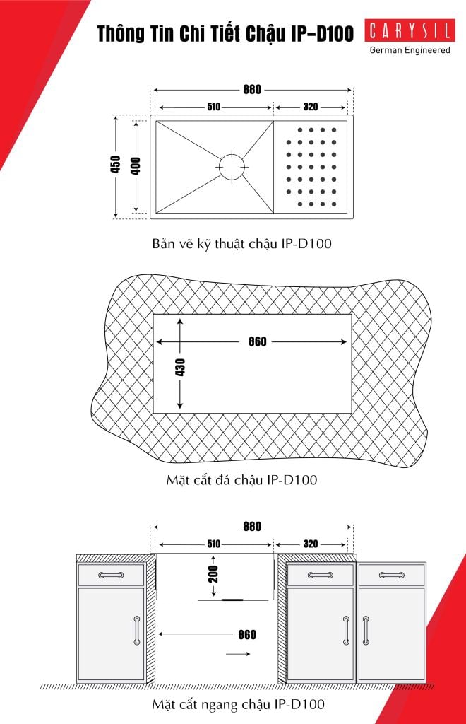 sản phẩm chậu inox304 Carysil IP-D100