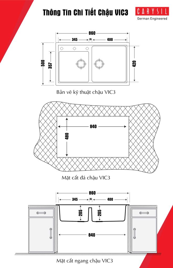 kích thước chậu đá granite 2 hố VIC3